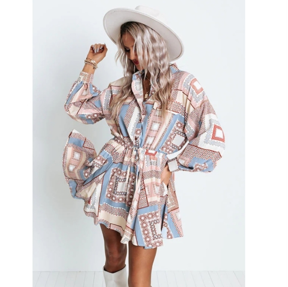 Mixed Print Patchwork Button-Down Mini Shirt Dress - Boho Chic - Size Small